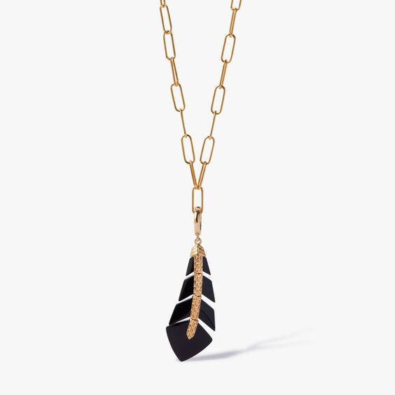 Deco 18ct Yellow Gold Black Onyx Feather Necklace